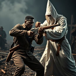 An intense and gritty scene showing a Black Civil War soldier in Union uniform engaged in a fierce struggle against a Ku Klux Klan member dressed in a white robe and hood