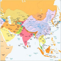A detailed and colorful map of Asia highlighting the different countries, major cities, rivers, and mountain ranges