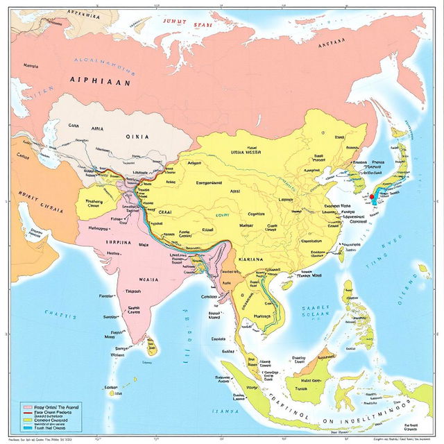A detailed and colorful map of Asia highlighting the different countries, major cities, rivers, and mountain ranges