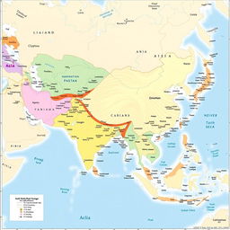 A detailed and colorful map of Asia highlighting the different countries, major cities, rivers, and mountain ranges