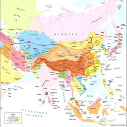 A detailed and colorful map of Asia highlighting the different countries, major cities, rivers, and mountain ranges