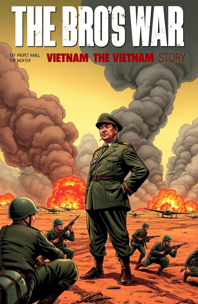 The cover of a comic book titled 'THE BRO'S WAR: A HO CHI MINH STORY', featuring Ho Chi Minh standing confidently on a vast battlefield facing South Vietnamese troops
