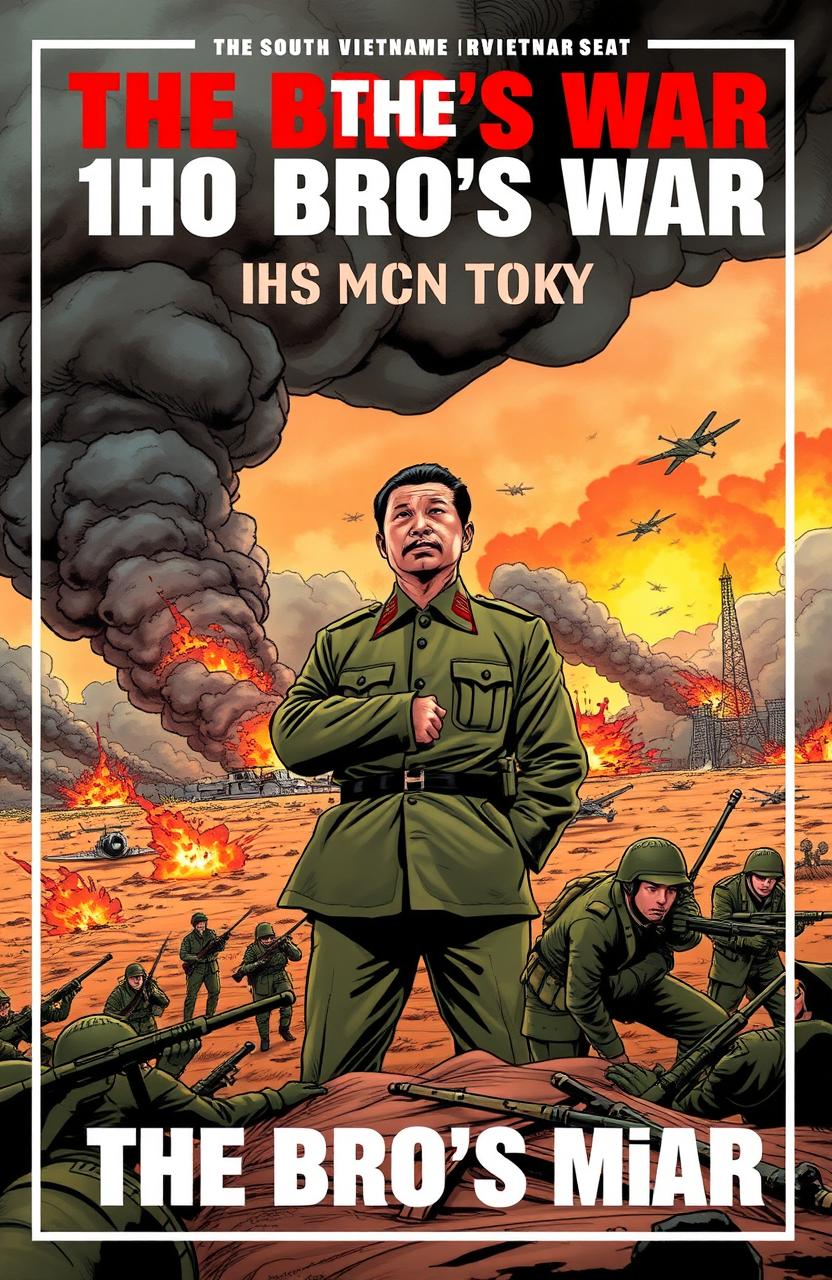The cover of a comic book titled 'THE BRO'S WAR: A HO CHI MINH STORY', featuring Ho Chi Minh standing confidently on a vast battlefield facing South Vietnamese troops