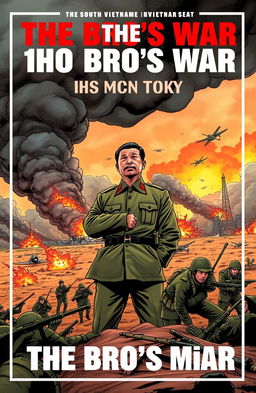 The cover of a comic book titled 'THE BRO'S WAR: A HO CHI MINH STORY', featuring Ho Chi Minh standing confidently on a vast battlefield facing South Vietnamese troops