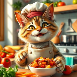 An anthropomorphic cat wearing a chef's hat and cooking apron, energetically eating a delicious dish, with a playful smile on its face