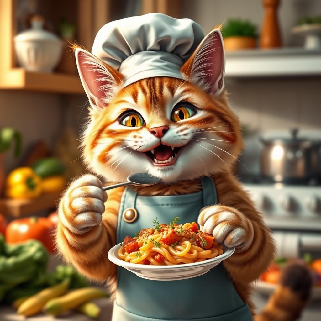 An anthropomorphic cat wearing a chef's hat and cooking apron, energetically eating a delicious dish, with a playful smile on its face