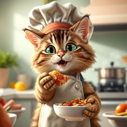 An anthropomorphic cat wearing a chef's hat and cooking apron, energetically eating a delicious dish, with a playful smile on its face