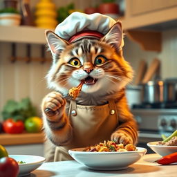 An anthropomorphic cat wearing a chef's hat and cooking apron, energetically eating a delicious dish, with a playful smile on its face