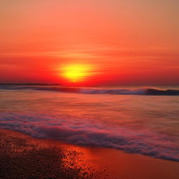 A vibrant sunset over a serene beach, complete with blue waters, light waves, a sandy shore and a glowing red-orange sun descending into the horizon.