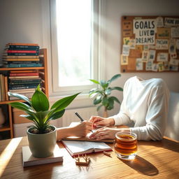 An inspiring personal development scene in a cozy home office, featuring a young woman writing in her journal