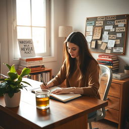 An inspiring personal development scene in a cozy home office, featuring a young woman writing in her journal