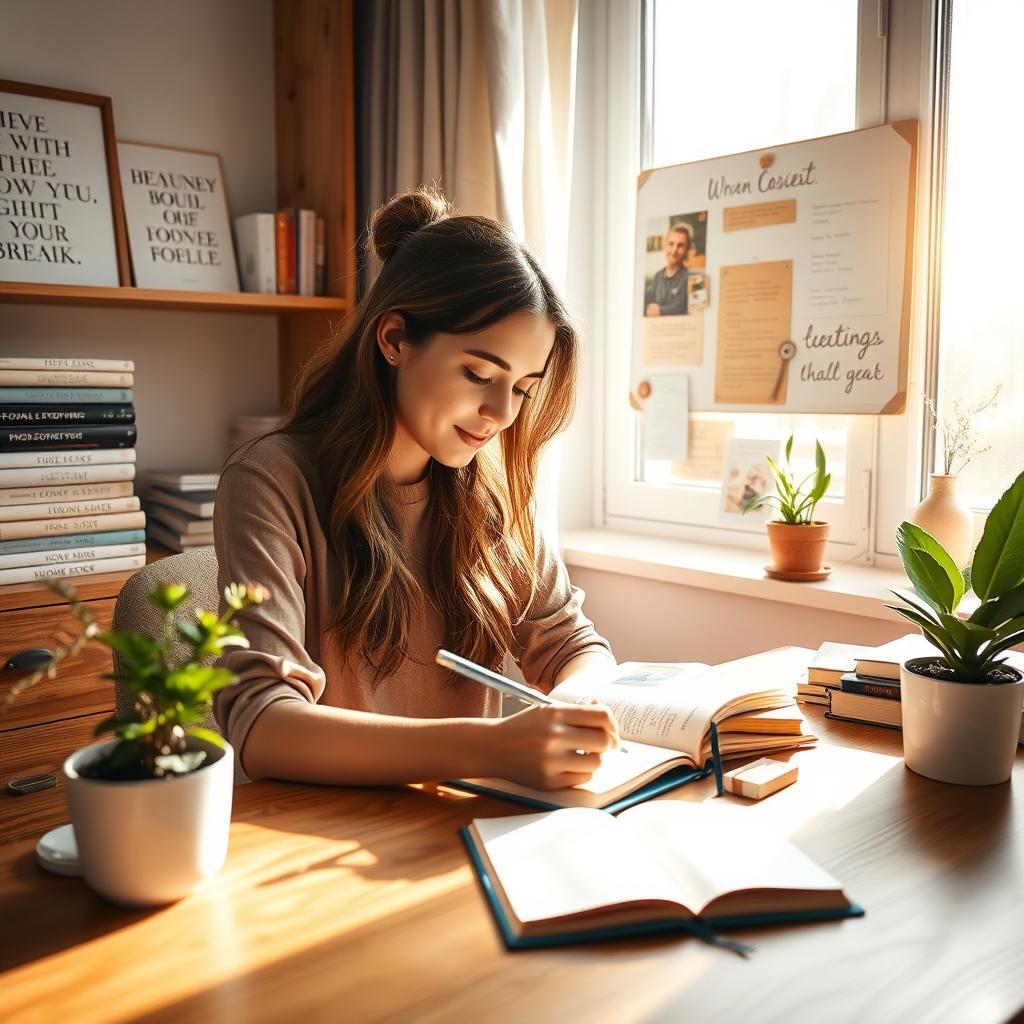 An inspiring personal development scene in a cozy home office, featuring a young woman writing in her journal