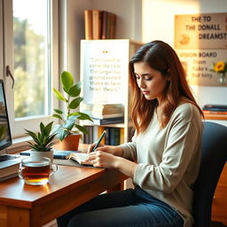 An inspiring personal development scene in a cozy home office, featuring a young woman writing in her journal
