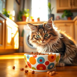 A fluffy domestic cat sitting on a vibrant kitchen floor, eagerly eating from a colorful ceramic bowl filled with cat food
