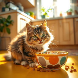 A fluffy domestic cat sitting on a vibrant kitchen floor, eagerly eating from a colorful ceramic bowl filled with cat food