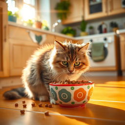 A fluffy domestic cat sitting on a vibrant kitchen floor, eagerly eating from a colorful ceramic bowl filled with cat food