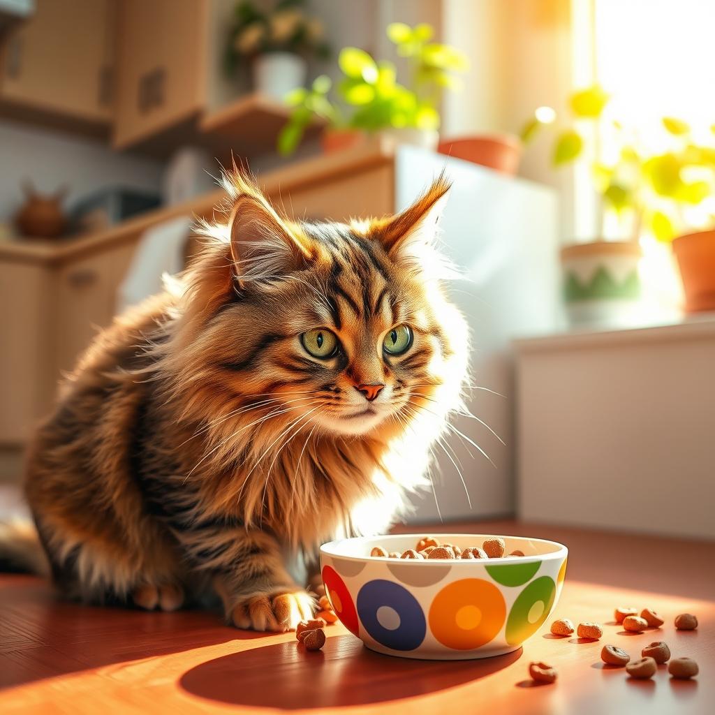 A fluffy domestic cat sitting on a vibrant kitchen floor, eagerly eating from a colorful ceramic bowl filled with cat food