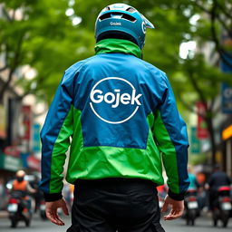 A rear view of a person wearing a blue and green Gojek delivery jacket, featuring the iconic Gojek logo prominently displayed on the back