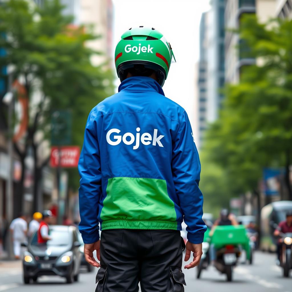 A rear view of a person wearing a blue and green Gojek delivery jacket, featuring the iconic Gojek logo prominently displayed on the back