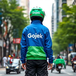 A rear view of a person wearing a blue and green Gojek delivery jacket, featuring the iconic Gojek logo prominently displayed on the back
