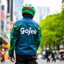A rear view of a person wearing a blue and green Gojek delivery jacket, featuring the iconic Gojek logo prominently displayed on the back