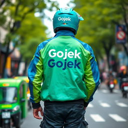 A rear view of a person wearing a blue and green Gojek delivery jacket, featuring the iconic Gojek logo prominently displayed on the back