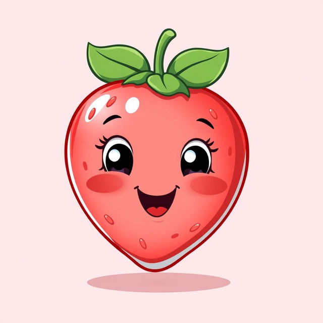 A cute, cartoon-style illustration of a smiling strawberry, with big, joyful eyes and a cheerful expression
