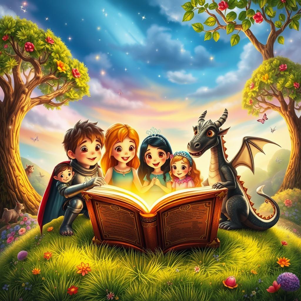 A whimsical scene depicting a vibrant storybook setting with enchanted trees, sparkling flowers, and a colorful sky