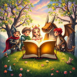 A whimsical scene depicting a vibrant storybook setting with enchanted trees, sparkling flowers, and a colorful sky