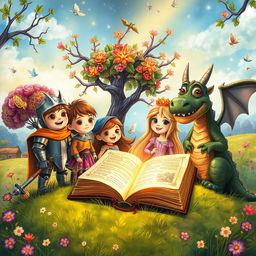 A whimsical scene depicting a vibrant storybook setting with enchanted trees, sparkling flowers, and a colorful sky