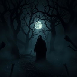 A dark and eerie forest at nighttime, thick fog enveloping ancient, twisted trees