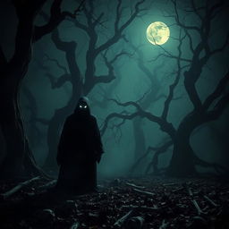 A dark and eerie forest at nighttime, thick fog enveloping ancient, twisted trees