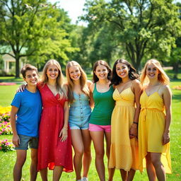 A group of friends standing together with cheerful expressions, creating a vibrant atmosphere