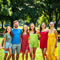 A group of friends standing together with cheerful expressions, creating a vibrant atmosphere