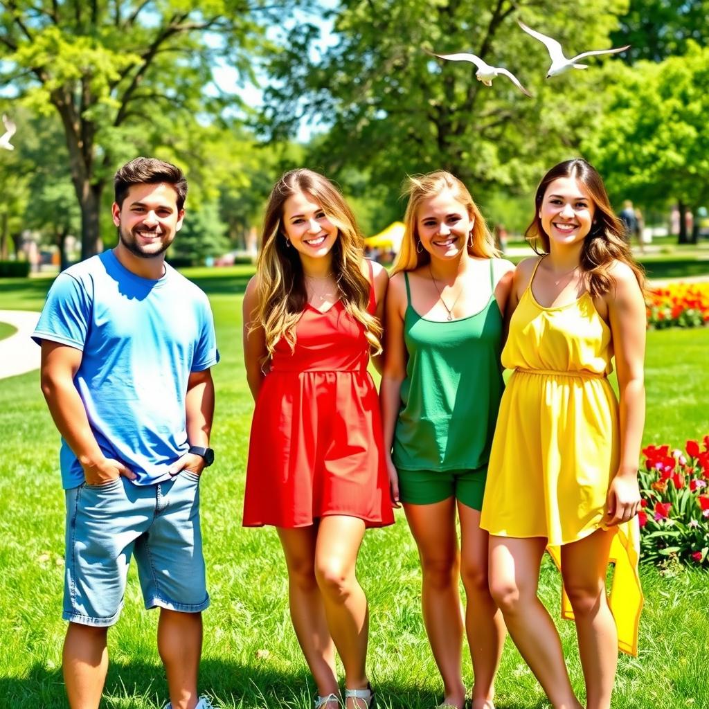 A group of friends standing together with cheerful expressions, creating a vibrant atmosphere