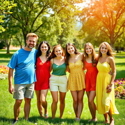 A group of friends standing together with cheerful expressions, creating a vibrant atmosphere