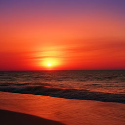 A vibrant sunset over a serene beach, complete with blue waters, light waves, a sandy shore and a glowing red-orange sun descending into the horizon.