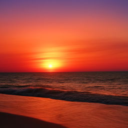 A vibrant sunset over a serene beach, complete with blue waters, light waves, a sandy shore and a glowing red-orange sun descending into the horizon.