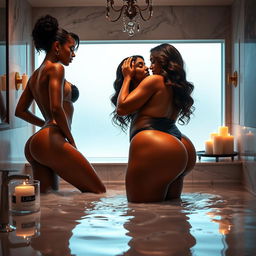 An intimate and steamy scene set in a luxurious bathroom, featuring two adult Black women engaged in a passionate and sensual moment