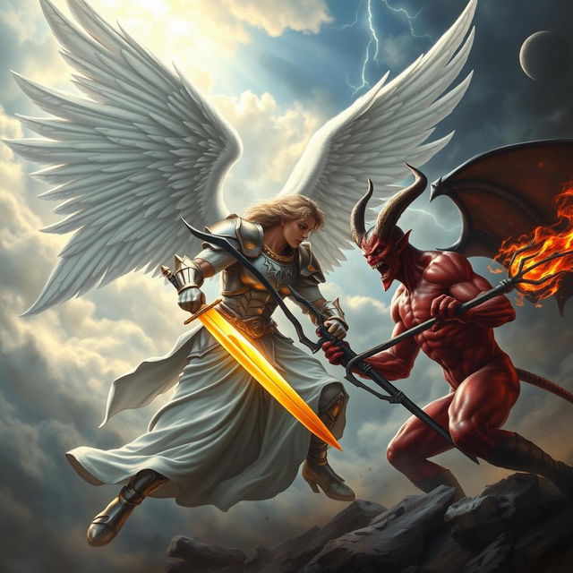 An epic scene depicting an angel and a devil engaged in an intense battle