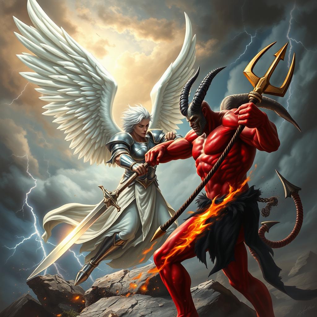 An epic scene depicting an angel and a devil engaged in an intense battle