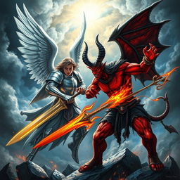 An epic scene depicting an angel and a devil engaged in an intense battle
