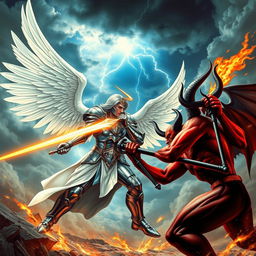 An epic scene depicting an angel and a devil engaged in an intense battle