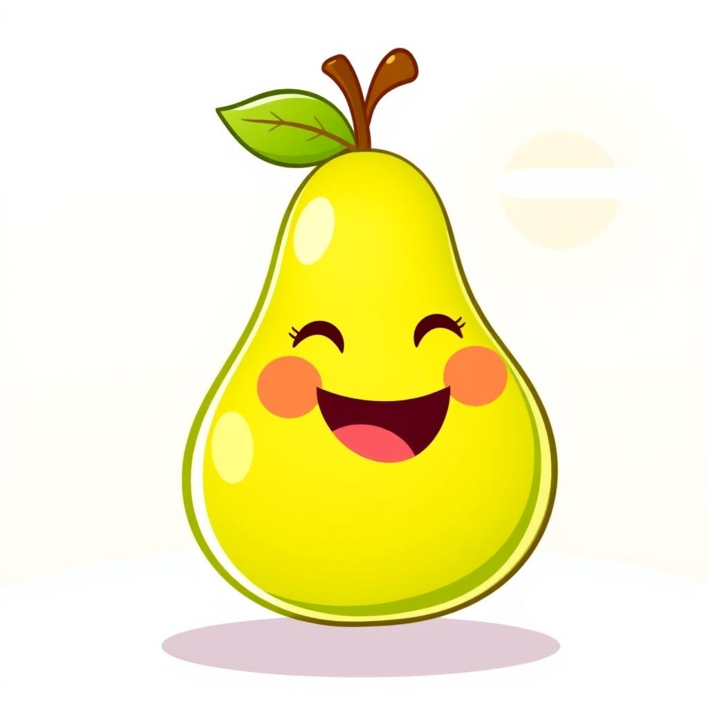 A cute, cartoon-style illustration of a pear with a big, friendly smile