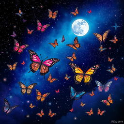 A night sky filled with brilliantly colored butterflies in various stages of completion, fluttering amidst a breathtaking display of stars twinkling like jewels