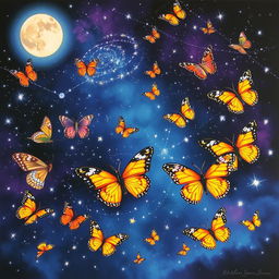A night sky filled with brilliantly colored butterflies in various stages of completion, fluttering amidst a breathtaking display of stars twinkling like jewels