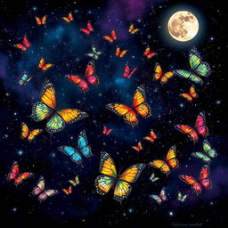 A night sky filled with brilliantly colored butterflies in various stages of completion, fluttering amidst a breathtaking display of stars twinkling like jewels
