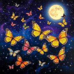 A night sky filled with brilliantly colored butterflies in various stages of completion, fluttering amidst a breathtaking display of stars twinkling like jewels
