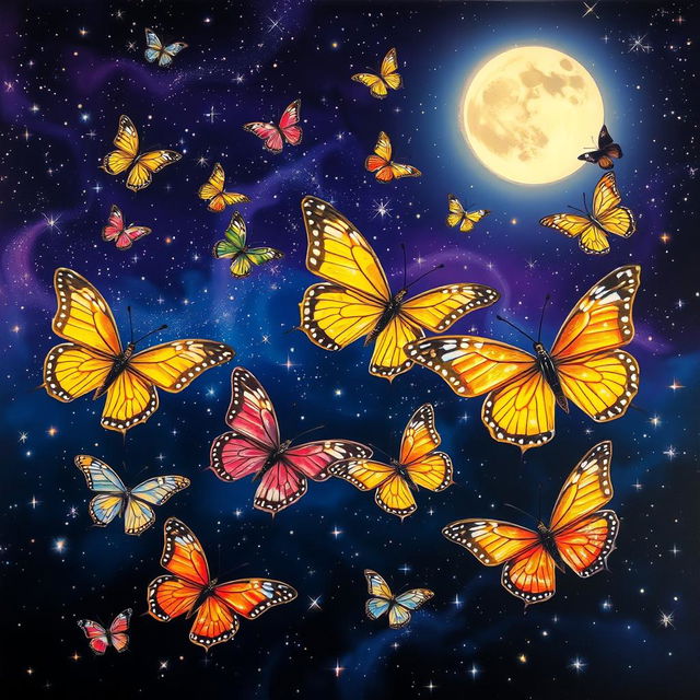 A night sky filled with brilliantly colored butterflies in various stages of completion, fluttering amidst a breathtaking display of stars twinkling like jewels