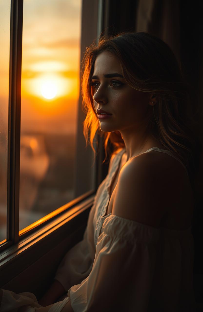 A lonely and beautiful woman conveying deep pain and sadness, sitting in front of a large window